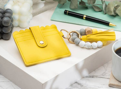 Leather Keychain Wallet With Wristlet Bangle Bracelet: Yellow